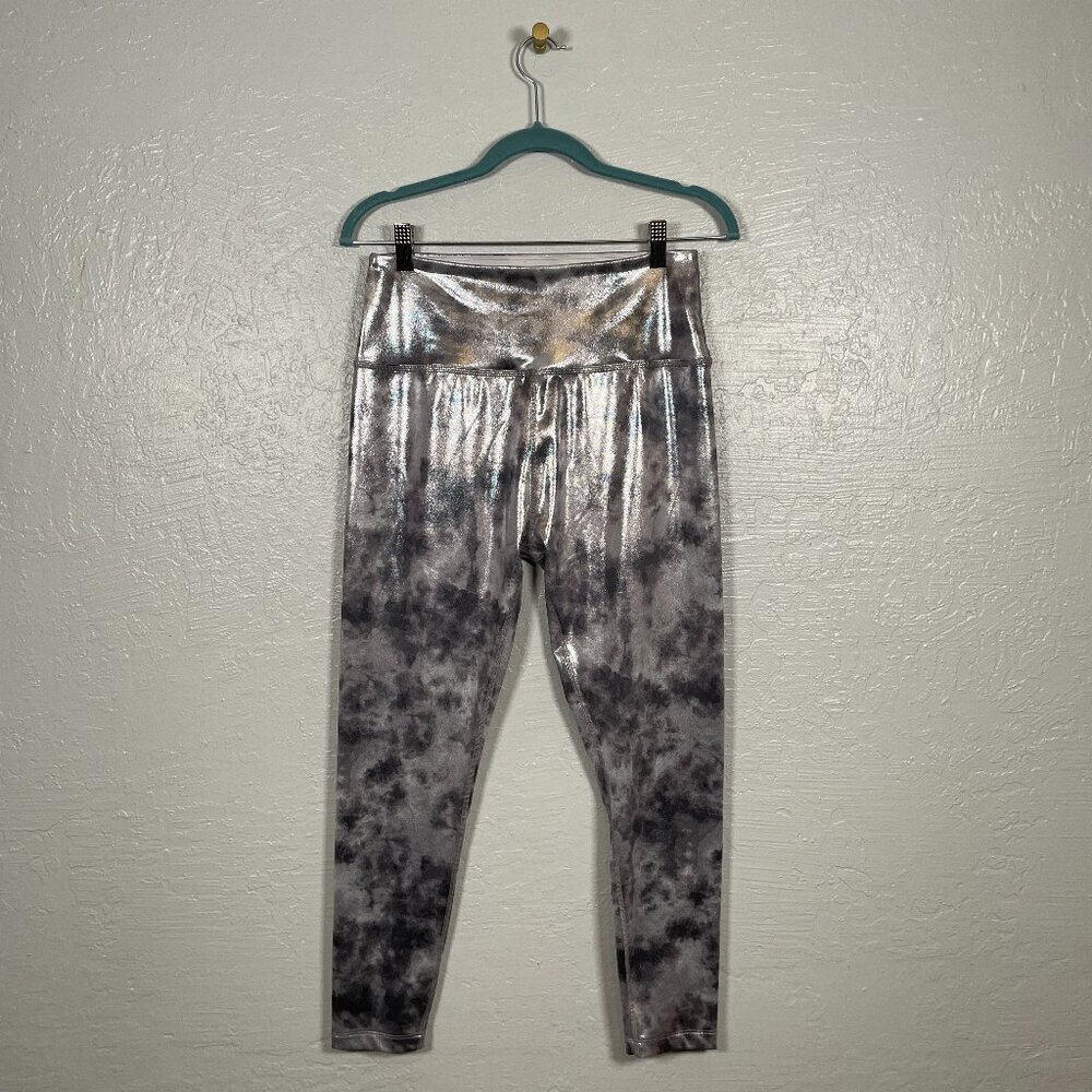 Beyond Yoga Women L Silver Black Tie Dye Foil Shine High Waisted Midi Leggings